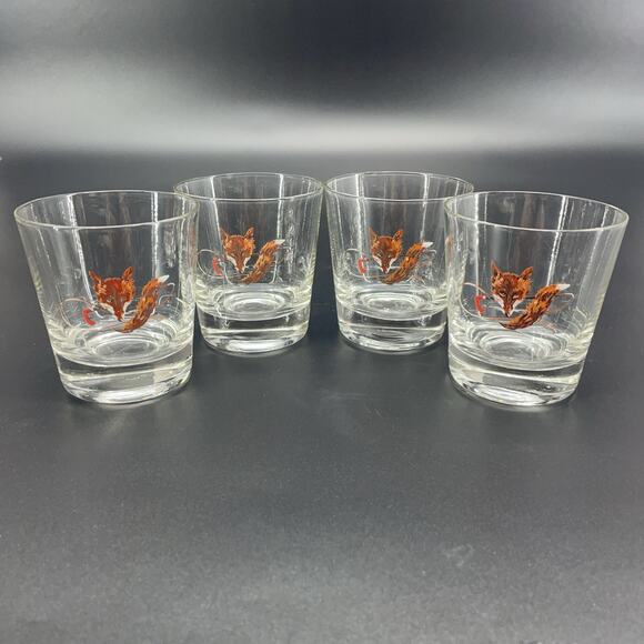 4 Vintage Fox Bullwhip Whiskey Rocks Glasses MCM Fox Hunting Equestrian Barware - Picture 2 of 7
